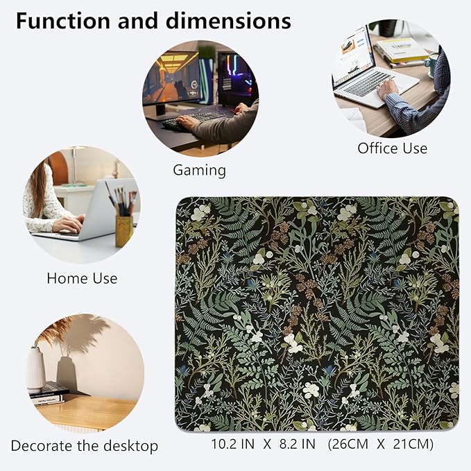 Vintage Dark Green Plant Mouse Pad,Green Fern Leaves Botanical Desk Mat, Wildflower Garden Aesthetic Mouse Pad for Dorm Home Office Desktop Decor,10.2x8.2Inch