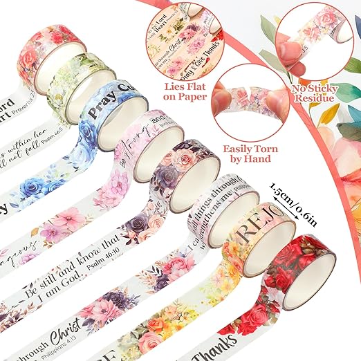 Janlaugh 24 Rolls Christian Washi Tape Gifts Bulk Religious Inspirational Scripture Supplies Bible Verse Washi Tape for Bible Journaling Study Crafting Floral New Year DIY Gifts