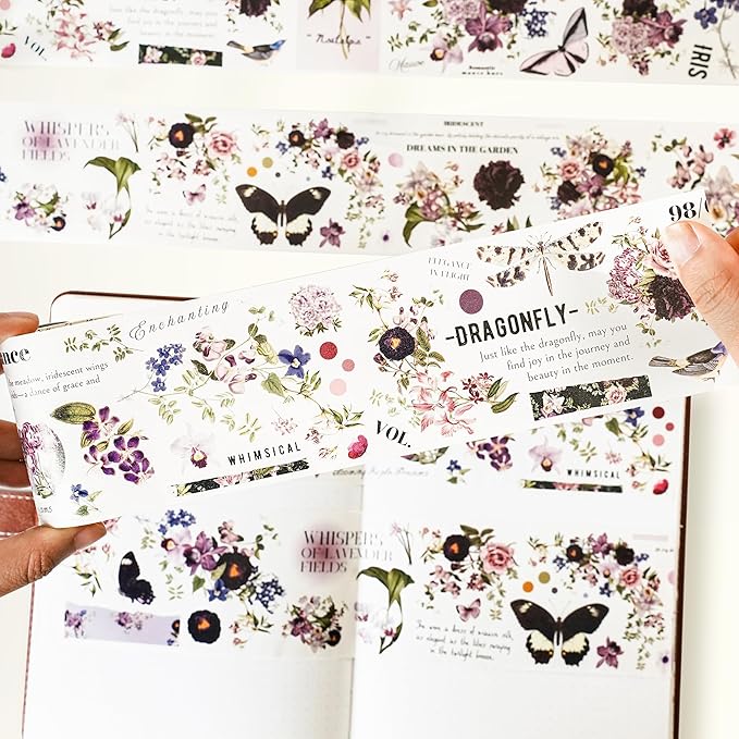 WT Pre-Cut Violet Veil Wide Washi Tape, Single Roll, Soft Lilac Florals & Misty Backgrounds with Script, Decorative Japanese Paper for Journaling, Scrapbooking, Planner, DIY Crafts, 65mm x 5m