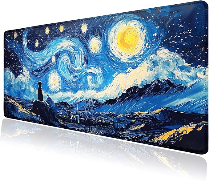 Black Cat Art Night Starry Sky Large Mouse Pad, Desk Mat Computer Keyboard Pad Non-Slip Rubber Base Waterproof with Stitched Edges for Laptop Gaming, Office & Home 31.5 x 11.8 Inch (XL-23)