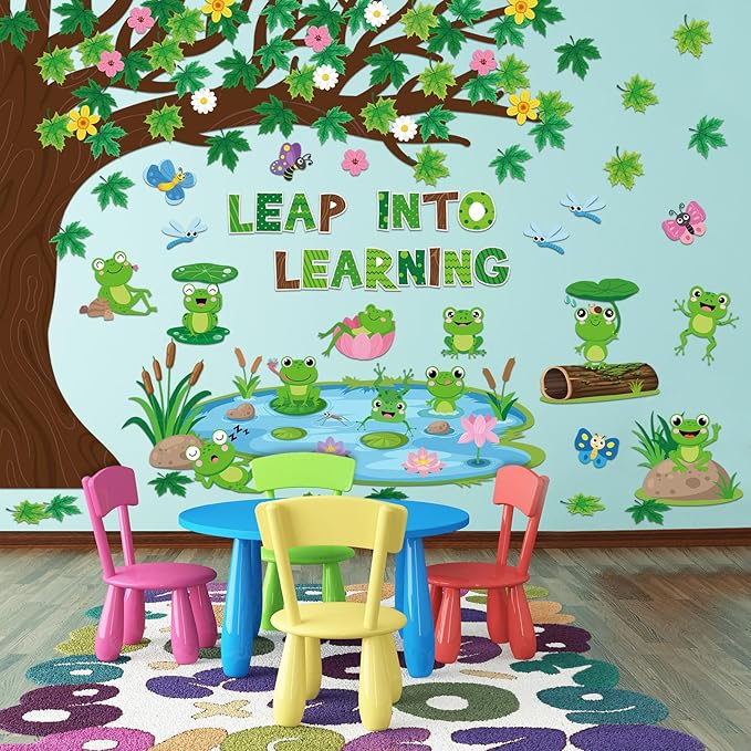 Zonon 113 Pcs Summer Frog Cutouts Bulletin Board Decorations Back to School Classroom Decorations Green Frog Cutouts with Glue Points for School Kids Office Chalkboard Passover Party Supplies