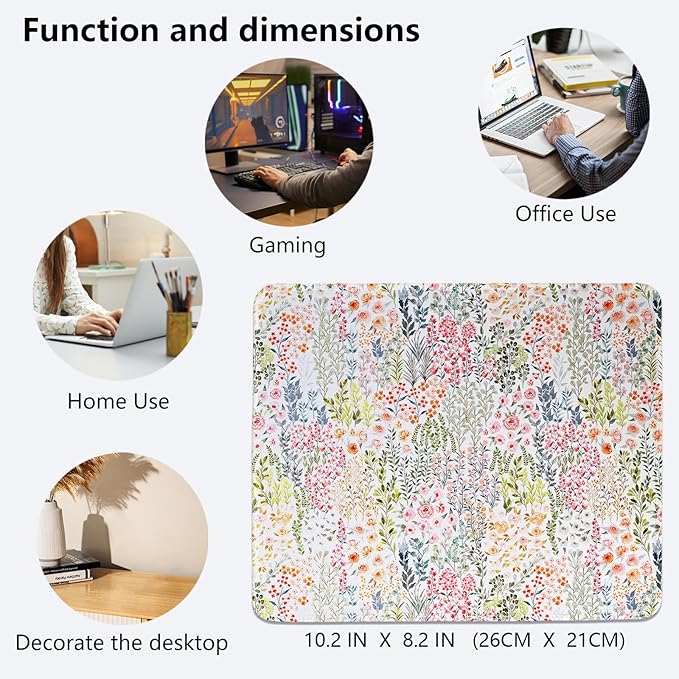 Spring Floral Mouse Pad, Wildflowers Desk Mat,Garden Desk Mat,Girly Wildflower Garden Floral Mouse Pad for Dorm Home Office Desktop Decor,11.8x9.8 Inch