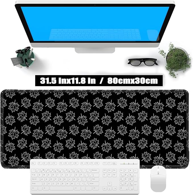 Black Maple Leafs Mouse pad 31.5×11.8in Suitable for Office Laptop Keyboard Desk mat, with Sewn Edges, Anti-Slip microwoven Fabric (Black Geometric Pattern)
