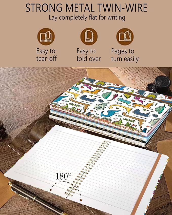 Spiral Journal Notebook, A5 Cute Notebooks for Women Men, College Ruled Hardcover Notebook for Work & Note Taking, 60 Pages Double-Wire Journals for Writing, Cute Dinosaurs