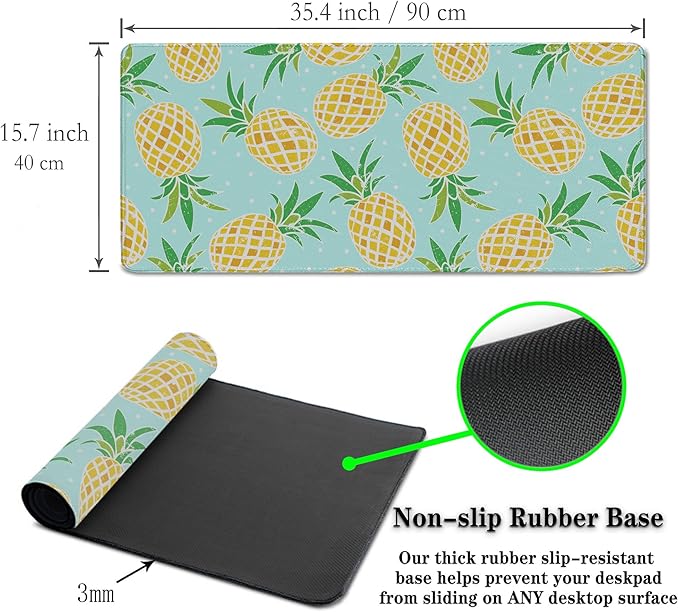 Computer Desk Mat Yellow, XXL Mouse Pads Large Desk Pads, Mouse Pad Gaming Non-Slip Rubber Base Waterproof with Stitched Edges, 35.4 X 15.7 inch for Work/Game/Office Watercolor Pineapple