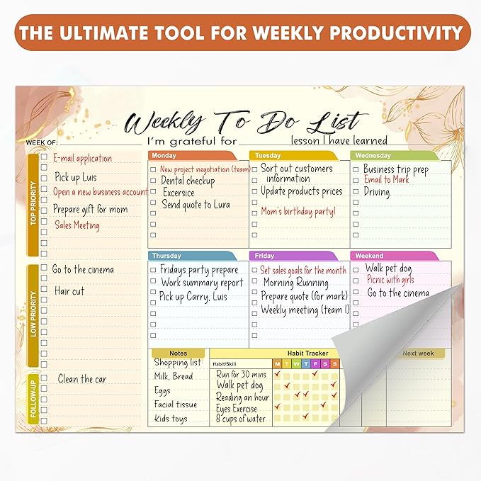 Weekly Planning To-Do-List Pad, 52 Undated Sheets for Daily To-Do Lists, Habit Tracking, Academic Scheduling, and Productivity Goals - Perfect for Work, Home, and Office Organization 8.5x11 inches
