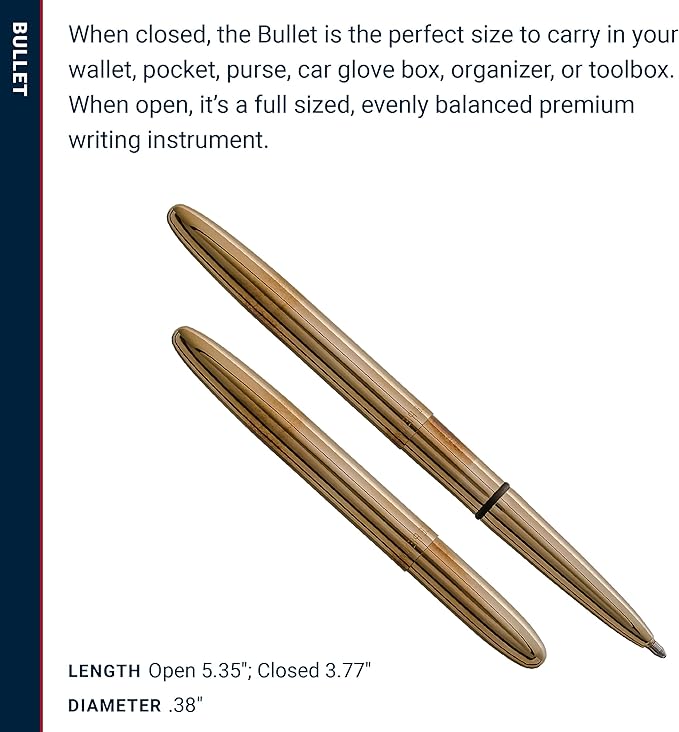 Fisher Space Pen Bullet Space Pen, Brass Alloy Pressurized Ballpoint Pen, Compact Pocket Size, Writes Upside Down and in Extreme Temperatures, Smooth Black Ink, Medium Point, Gift Box, Made in the USA