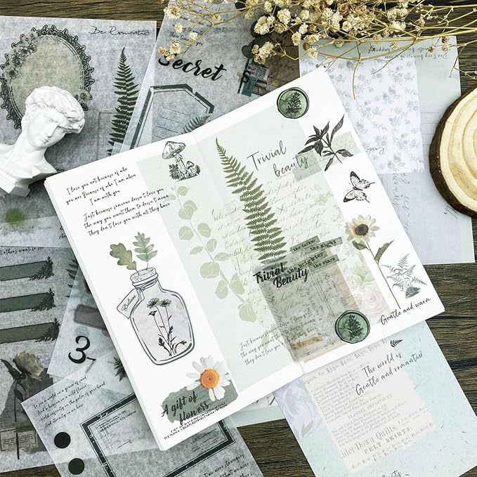 Vintage Washi Stickers for Journaling, 40 Sheets Ephemera Sticker Book for Adults 180pcs Aesthetic Botanical Scrapbook Stickers and 20 Sheets Adhesive Scrapbooking Paper for Junk Journal Supplies