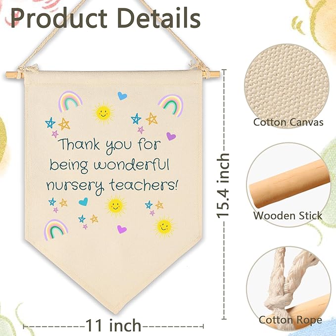 Thank You Gift for Teacher-End of Term Gift for Daycare,Nursery Worker School Nursery-Rainbow Teacher Leaving Present-Canvas Hanging Pennant Flag Banner Wall Sign Decor