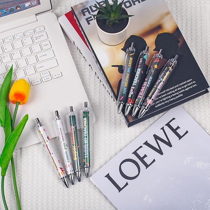 Teacher Appreciation Week Ballpoint Pens Set of 8 – Teacher Theme Pens with Book, Pencil & Classroom Supply Designs and Inspiring Quotes – Smooth Black Ink Pens for Classroom, Office, Thank You Gifts