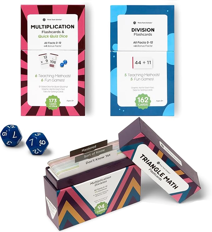 Award-Winning Math Flash Cards – 711 Multiplication & Division Facts (0–12) – Jumbo Cards (3.1” x 5.2”), Visual Aids, 2 Dice, Games, Charts & Mastery Divider Tabs – Grades 3–6 Classroom & Homeschool