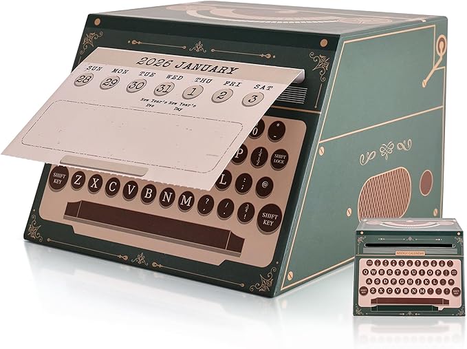 2026 Calendar with Pull-Out Box, Desktop Decoration Weekly Calendar Vintage Typewriter Themed with Tear-off Sheet, Holiday Marking, Ideal New year Gift for Teenage Women Desk accessory Lover