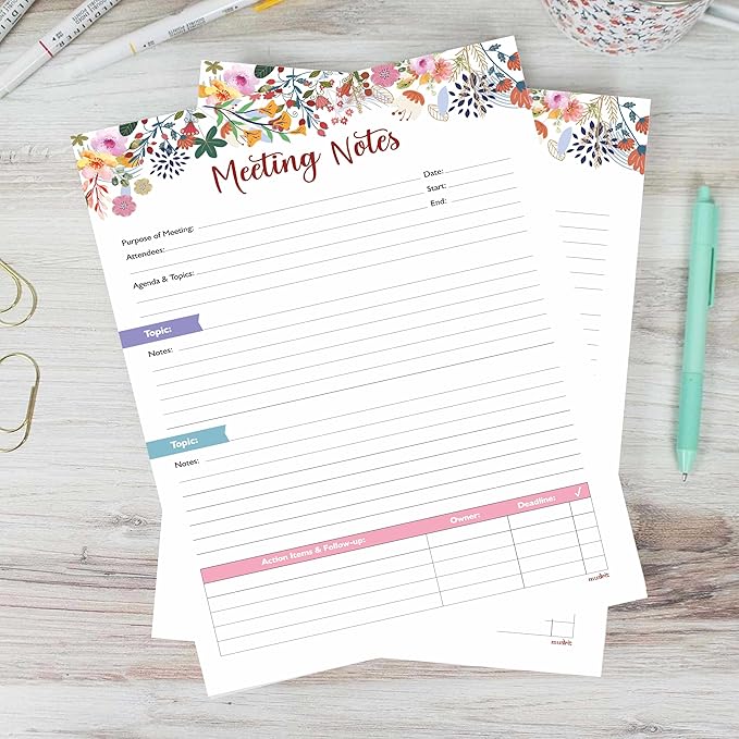 mudrit Meeting Notes Pad - Topics, Takeaways, Action Items & Follow-Ups - Undated Meeting Notes Agenda Organizer 53 pages, Tear Off Book - 8.5" x 11" inches