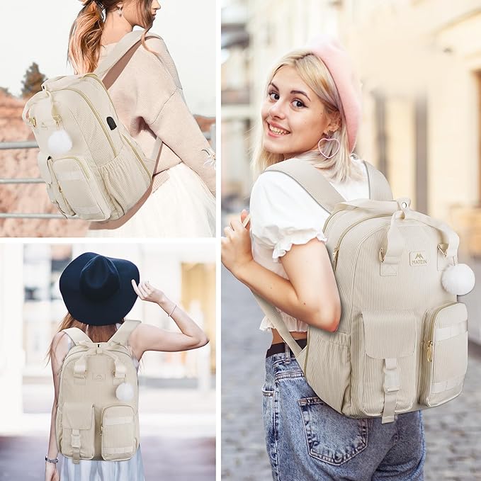 MATEIN Backpack for Teen Girls, 15.6 Inch Cute Corduroy Laptop Backpack Aesthetic College School Bookbag with USB Charging Port, TSA Lightweight Soft Kawaii Travel Backpacks for Women Nurse, Beige