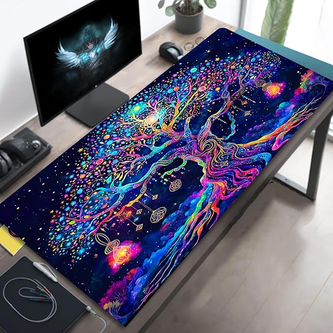 Manicer Colorful Tree of Life Mouse Pad, Blacklight Gaming Extended Large Desk Pad, UV Reactive Waterproof Long Keyboard Big Mouse Mat with 3mm Non-Slip Rubber Base for Office Home - 31.5" x 11.8"