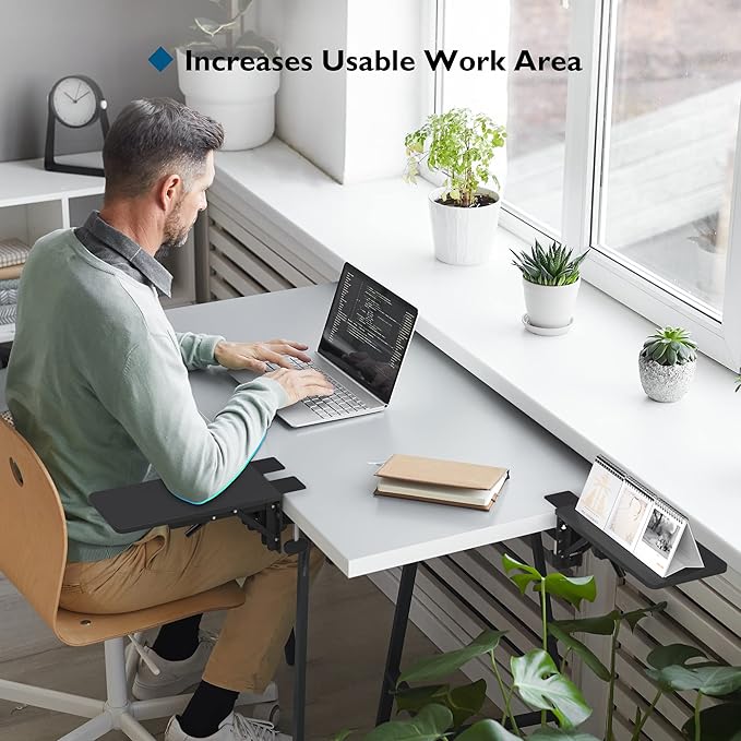 BONTEC Desk Extender Tray, 11.8"x5.9" Table Mount Arm Wrist Rest Shelf, 90°Foldable Elbow Support, Clamp on Computer Arm Rest for Desk, Office & Home Use, Durable & Easy to Install (Pack of 2)