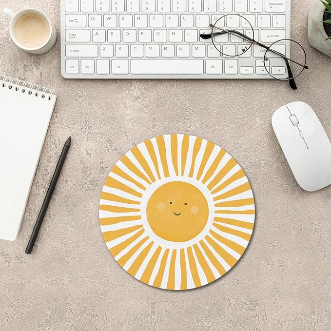 Boho Yellow Sunshine Mouse Pad, Cute Sunshine Mouse Pads Mousepad for Desk Home Office Dorm Computers Laptop, Boho Office Supplies Desk Accessories, 7.9x7.9 Inch