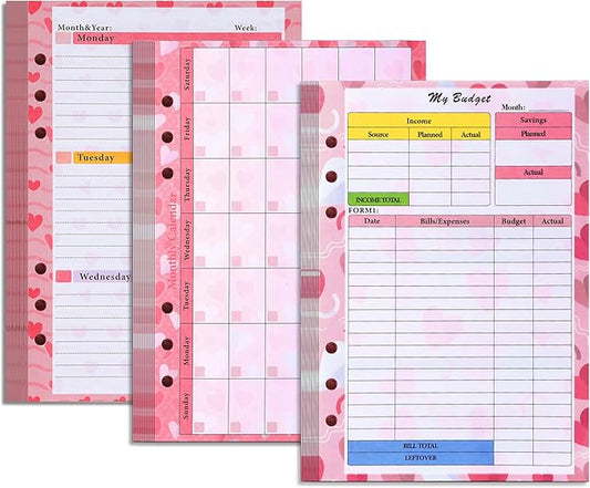 Toplive 3 Pack A5 Planner Refill 82 Sheet Colored Monthly Weekly Planner Refill Paper 6 Hole Budget Sheets Expense Tracker Inserts for A5 Binder Cover Bill Saving Organizer, Pink