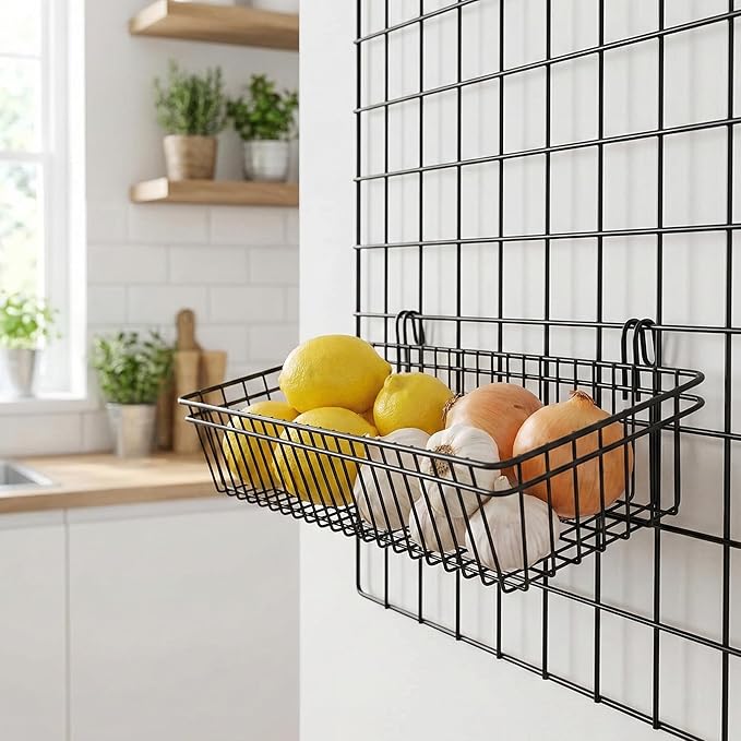 ANZOME 4 Pack Grid Wall Baskets & Gridwall Accessories - Black Metal Wire Mesh Hanging Storage Bins with Built-in Hooks - Display Shelf Organizer for Craft Room, Retail, Office & Kitchen Pantry