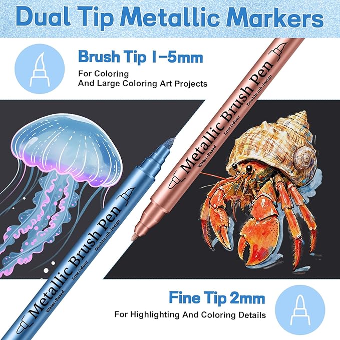 Prudiut 12 Pack Metallic Markers, Dual Tip Metallic Paint Pens, Water Based Acrylic Markers for Black Paper & Rock Painting, Scrapbooking Supplies, Marker Set for Glass, Wood