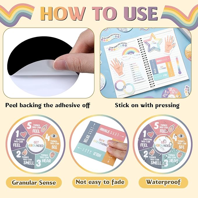 Tenceur 120 Pcs Adhesives Sensory Stickers with Inspirational Quotes Mindfulness Relief Anti Stress Items School Counselor Supplies Textured Strips for Adult Teen (Boho Color)