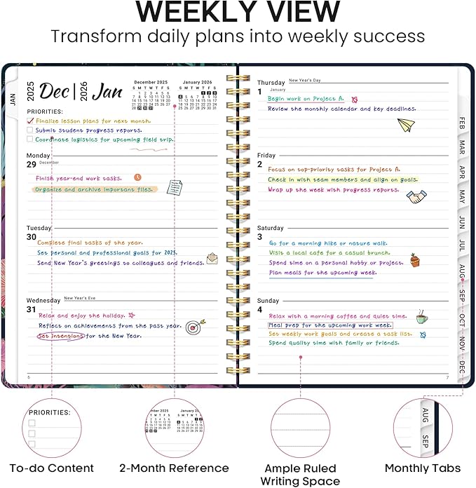 2026 Planner, Weekly and Monthly Calendar Planner Book, January 2026 - December 2026, Hardcover Spiral Planner with Monthly Tabs, Notes Pages, Perfect for Women & Men, A5 (6.4" x 8.5") - Jellyfish