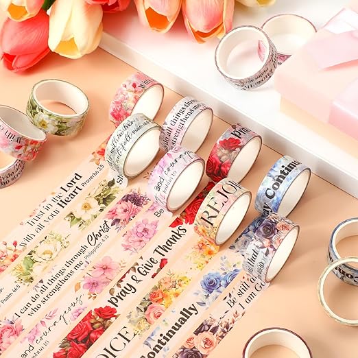 Janlaugh 24 Rolls Christian Washi Tape Gifts Bulk Religious Inspirational Scripture Supplies Bible Verse Washi Tape for Bible Journaling Study Crafting Floral New Year DIY Gifts