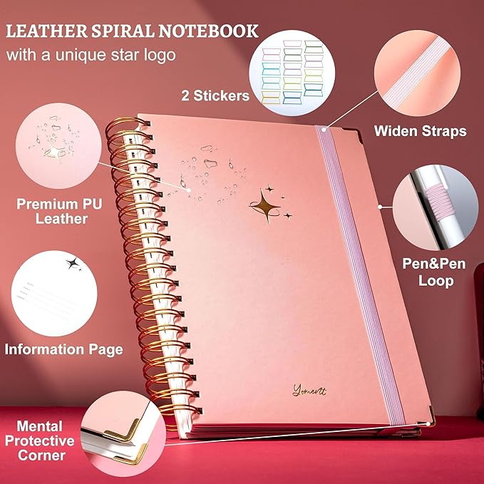 Yoment Thick 360 Pages Spiral Notebook Journal for Women with Pen, B5 Leather 5 Subject Hardcover College Ruled Note Book, Journaling Notebooks for Writing Work School, Pink