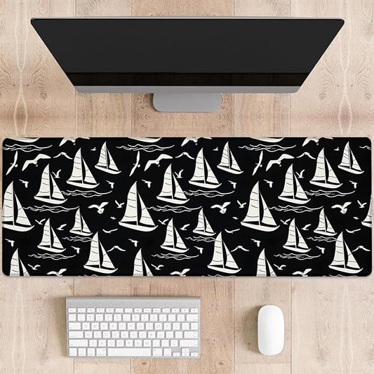 Classic Sailboat Gaming Mouse Pad, Boats, Waves, and Seagulls, Large Desk Mat for Computer, Extended Keyboard Laptop Mouse Pads 31.5×11.8in, Non Slip Rubber Mousepad for Office Decor Gifts