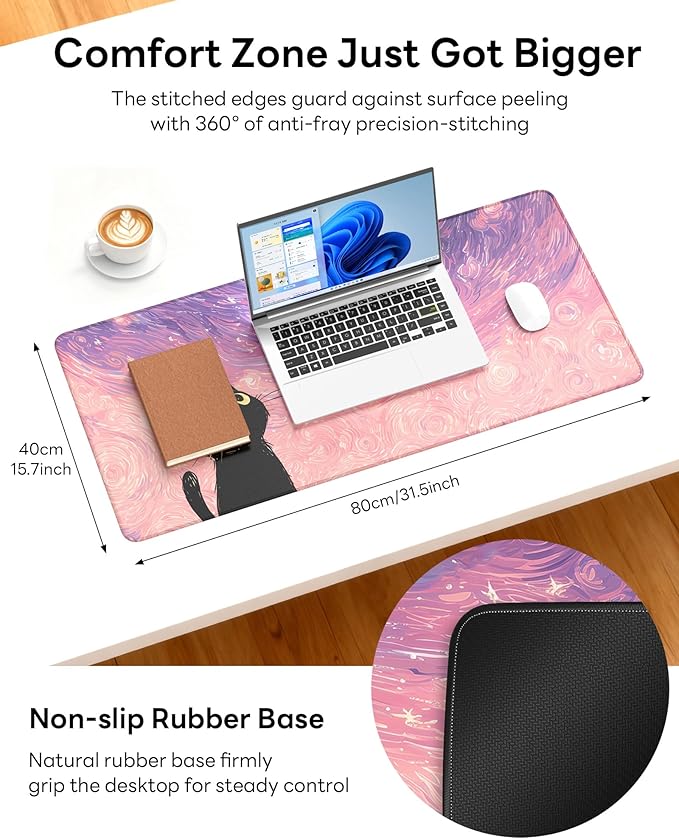 XL Gaming Mouse Pad, 31.5x17.5'' Large Desk Mat with Anti-Slip Rubber Base & Stitched Edges for Gaming, Office, Home - Van Gogh Cat