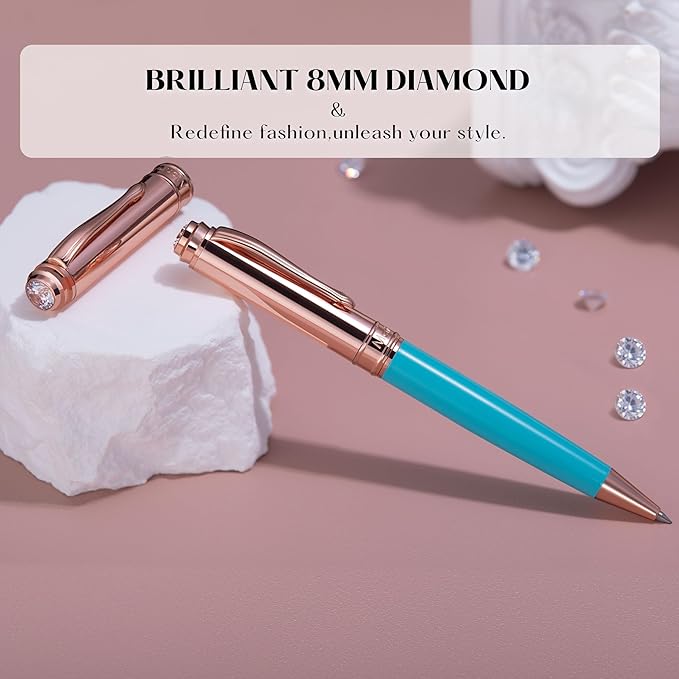 Luxury Gel Pen, Top Set With 8mm Brilliant Diamond,Delicate Green Pen Lacquer,Rose Real Gold Finish, Black Ink Refill,Fancy Gift Pen For Girl, Unique, Professional, Office Pens