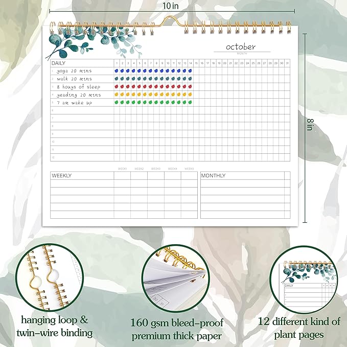 Habit Tracker Calendar - 12 Months Undated Daily Weekly & Monthly Period Habit Tracker Journal, Greenery Floral, Spiral Binding & Hanger, 7.8"x10"