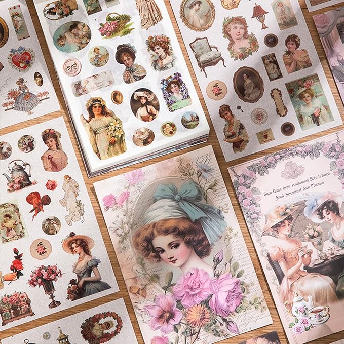Vintage Scrapbook Sticker Book for Adults, 50 Sheets Aesthetic People Stickers Book for Scrapbooking with 480pcs Washi Stickers and 20 Sheets of Scrapbook Paper Ephemera for Junk Journals Supplies