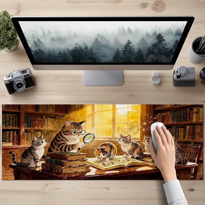 XL Mouse Pad 31.5 x 11.8 Inch Gaming Mousepad Diatomite Large Keyboard Mouse Pad for Home and Office Desk Accessories with Cozy Library Cat Study Artwork