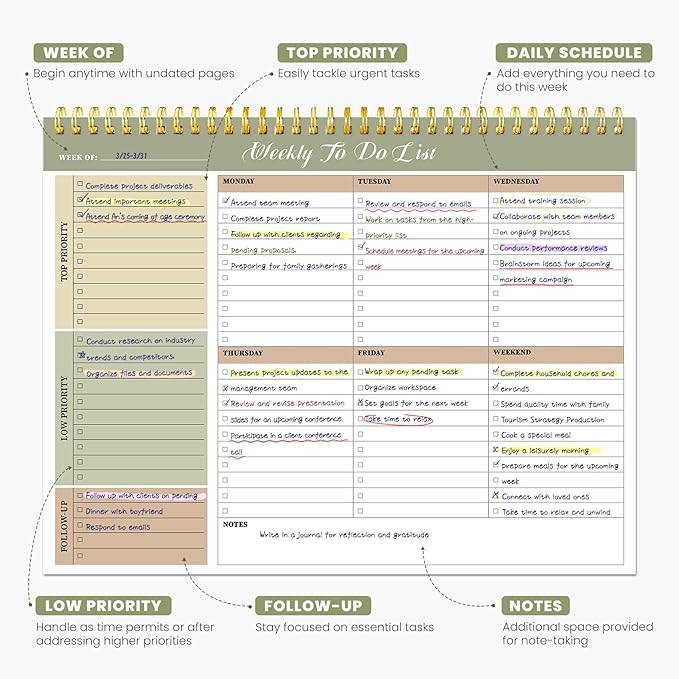 Weekly To Do List Notepad with 52 Undated Sheets（8.5"×11"）- Undated Weekly Planner Notepad for Office Desk Accessories and Supplies - Forest Shades