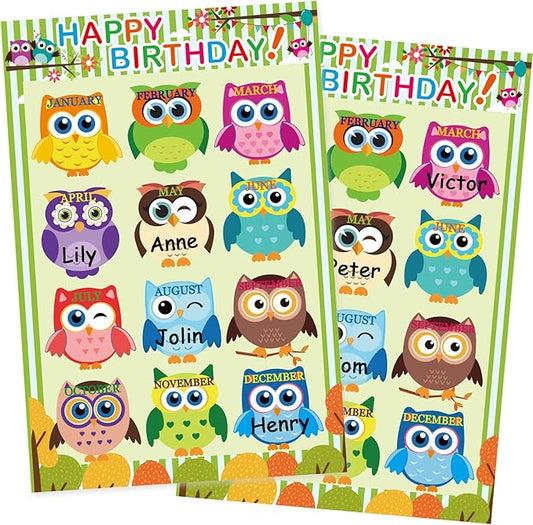 Happy Birthday Chart for Classroom, 2Pcs Birthday Poster Decoration 17’’ x 12’’ Birthday Owl Calendar Cutouts for School Bulletin Board, Chalkboards, Wall Decor