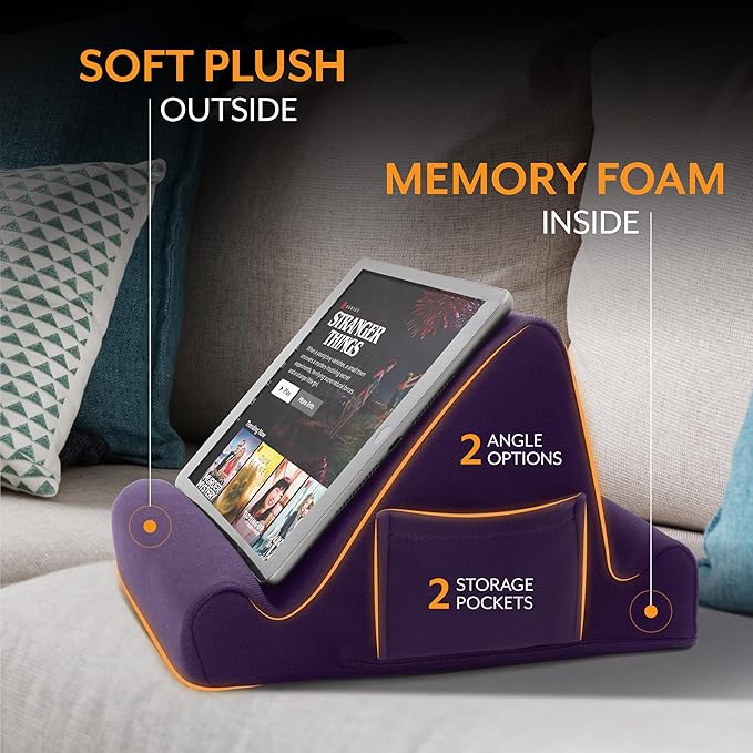 Brookstone Tablet Lap Cushion - Tablet and Phone Holder for Bed, Flights, and Travel, Two Angled Memory Foam Lap Desk for Reading and Hands Free Viewing, Compatible iPad and Kindle Accessories, Purple