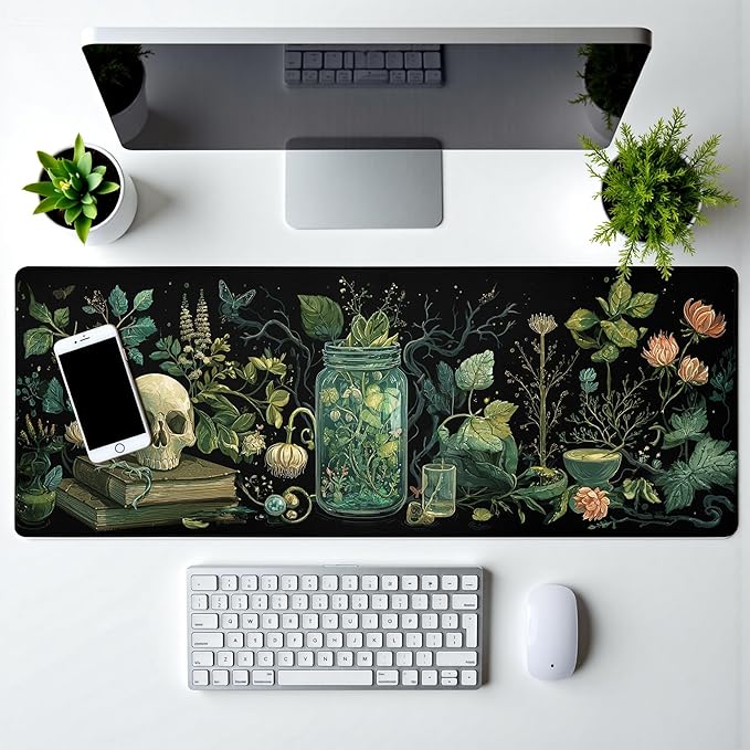 Dark Academia Gaming Mouse Pad Extra Large Mousepad Mystical Green Plant Desk Mats Japanese Full Keyboard Mat Computer Pad Desk Mat with Stitched Edges Non-Slip Desktop 31.5 x11.8 in