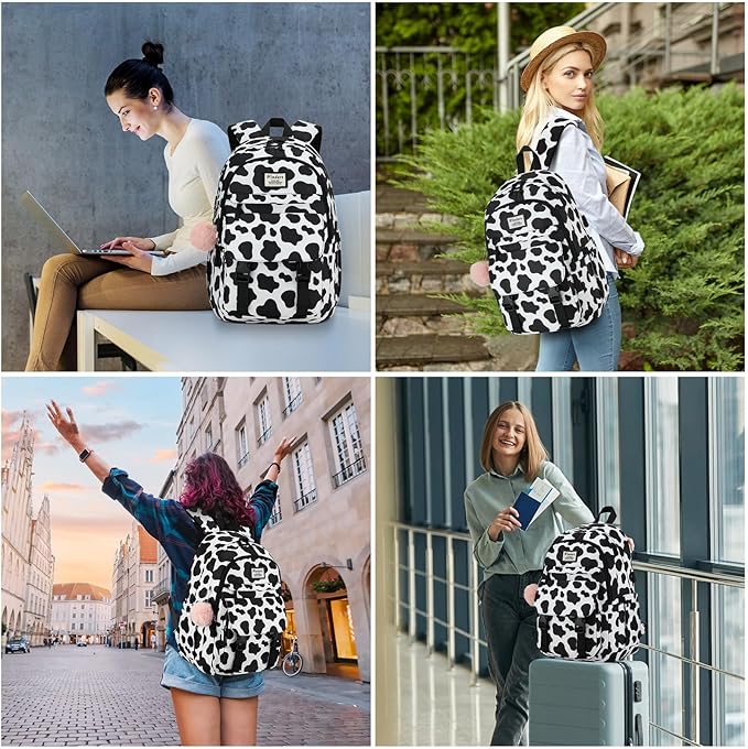 School Backpack for Teen Girls, Cute College Backpacks for Women Students Aesthetic Bookbag Large 15.6 Inch Laptop Bag Middle School Travel Back Pack (Cow Print Black)