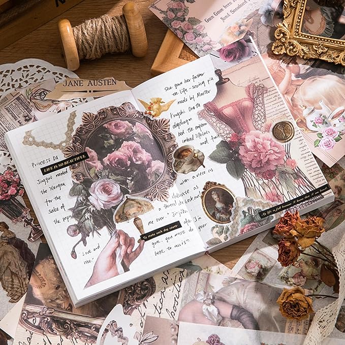 Vintage Scrapbook Sticker Book for Adults, 50 Sheets Aesthetic People Stickers Book for Scrapbooking with 480pcs Washi Stickers and 20 Sheets of Scrapbook Paper Ephemera for Junk Journals Supplies