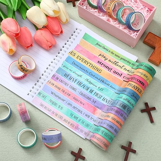 Janlaugh 24 Rolls Christian Washi Tape Gifts Bulk Religious Inspirational Scripture Supplies Rainbow Morandi Bible Verse Washi Tape for Bible Journaling Study Crafting Easter DIY Gifts