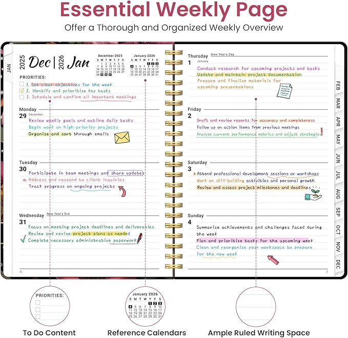 2026 Planner, Weekly and Monthly Planner for Women, Jan 2026 - Dec 2026 Pretty 2026 Calendar Planner with Monthly Tabs, Inner Pocket, Spiral Binding, Perfect for Office Home School - 6.3" x 8.5", Crimson Floral