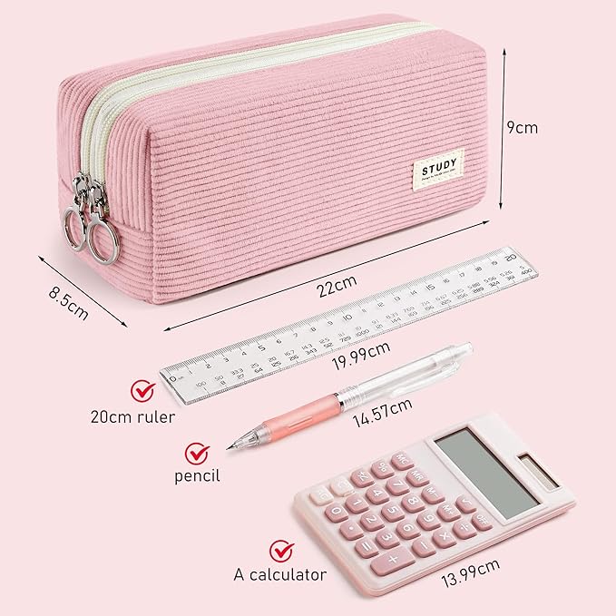 KALIDI Large Pencil Case Corduroy Pencil Pouch Box Cute School Supplies for Teen Girls Boys, Pink