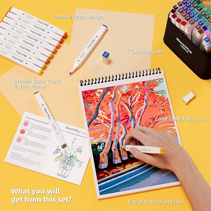 MemOffice 80 Colors Dual Tip Artist Alcohol Markers Set with Carrying Case - Perfect for Coloring, Drawing, Sketching, Card Making and Illustration - Perfect for Adults