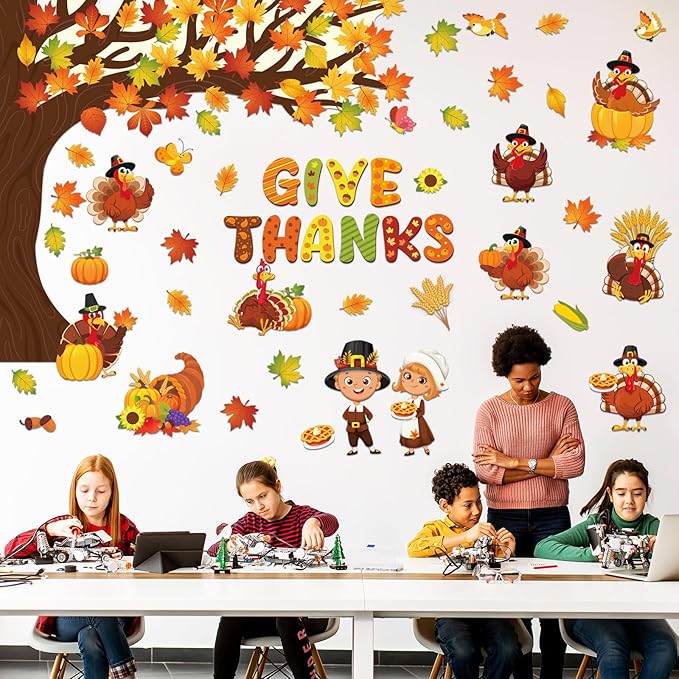 Zonon 114 Pcs Thanksgiving Bulletin Board Decorations Thanksgiving Classroom Decorations Turkey Maple Leaves Pumpkin Give Thanks Tree Bulletin Board Cutouts for Fall Harvest Home Classroom Wall Decor