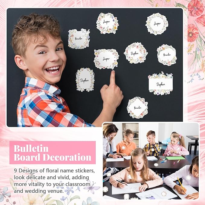 Sabary 90 Pcs Cutout Name Tags Water Bottle Labels Daycare Labels Self Adhesive Name Stickers Gift Tags for Classroom Home Desk Bulletin Board Decoration Party Favor 10 Sheets (Flower)