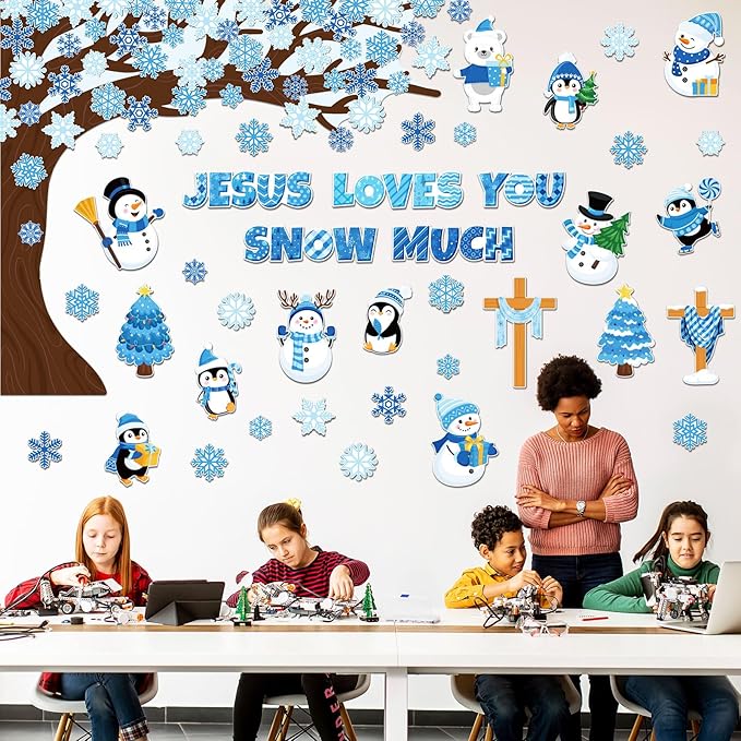 Zonon 114 Pcs Winter Bulletin Board Decorations Christmas Religious Christian Bulletin Board Set Snowflake Snowman Tree Jesus Loves You Snow Much Cutouts Winter Classroom Decorations for School Wall