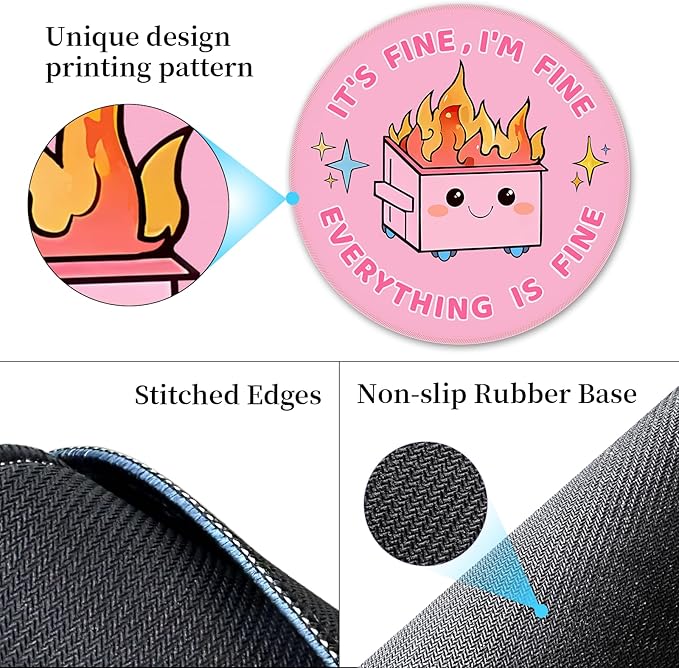 Funny Mouse Pad for Desk, Cute Office Decor for Women, Dumpster on Fire Small Mousepad with Non-Slip Rubber Base, Personalized Round Computer Mouse Pads for Laptop Desk Accessories Supplies