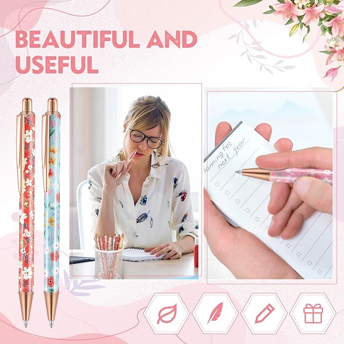 Sherr 7 Pcs Fancy Pens for Women Cute Sparkly Glitter Pens with 10 Pcs Black Ink Refills Pretty Gifts for Girls Office School Christmas Graduation(Floral)