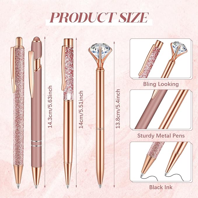 Sabary 8 Pcs Rose Gold Pens with Pen Holder for Desk Glitter Crystal Diamond Cute Ballpoint Fancy Pencil Holder Bling Desk Organizer for Women Girls Gifts School Office Valentine Supplies